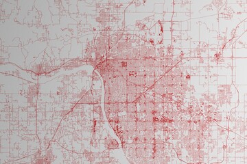 Map of the streets of Tulsa (Oklahoma, USA) made with red lines on white paper. 3d render, illustration