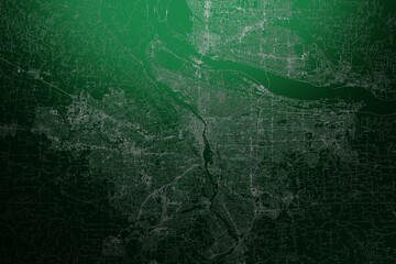 Street map of Portland (Oregon, USA) engraved on green metal background. Light is coming from top. 3d render, illustration