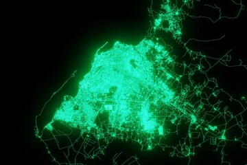 Map of the streets of Luanda (Angola) made with green illumination and glow effect. Top view on roads network. 3d render, illustration