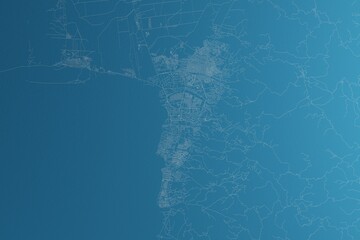 Map of the streets of Bujumbura (Burundi) made with white lines on blue paper. Rough background. 3d render, illustration
