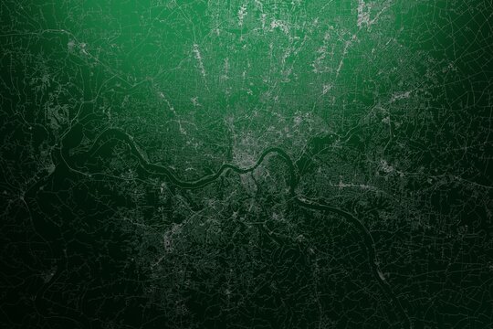 Street Map Of Cincinnati (Ohio, USA) Engraved On Green Metal Background. Light Is Coming From Top. 3d Render, Illustration