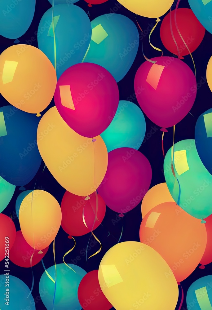 Poster seamless abstract pattern in polka dot style. multicolored balloons on a black background. 2d illust