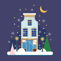 Christmas urban winter landscape in a flat style on a blue background. Landscape, nature, house, lanterns, Christmas trees, snowflakes, vector illustration. night city.
