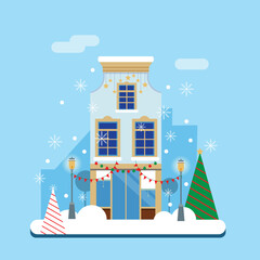 Christmas urban winter landscape in a flat style on a blue background. Landscape, nature, house, lanterns, Christmas trees, snowflakes, vector illustration. 