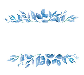 Blue leaves frame. Watercolor clipart