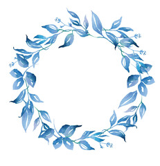Fototapeta na wymiar Blue leaves wreath. Watercolor clipart