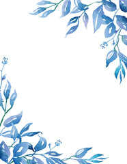 Fototapeta na wymiar Blue leaves frame. Watercolor clipart