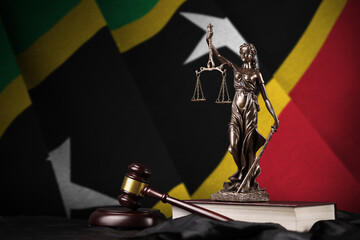 Saint Kitts and Nevis flag with statue of lady justice, constitution and judge hammer on black...