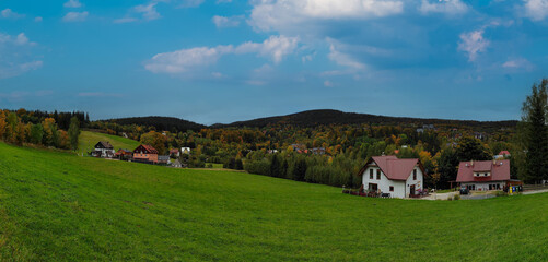Fototapeta na wymiar view of beautiful mountains and houses. Szklarska Poreba, Poland