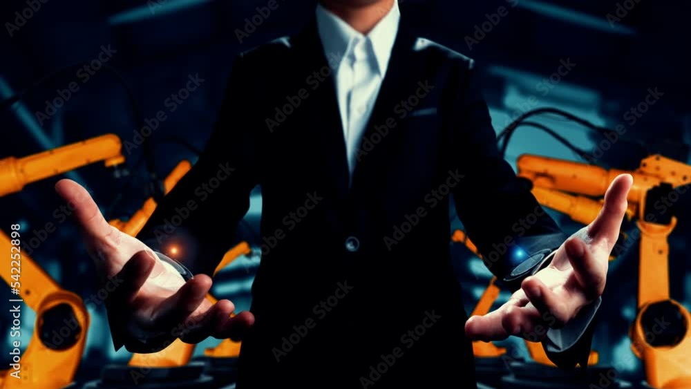 Poster engineer use cybernated robotic software to control industry robot arm in factory . automation manuf