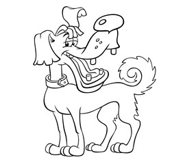 Vector outline image of a happy dog, isolated on white. Smiling mongrel. Cartoon cheerful dog. Cartoon dog for coloring.