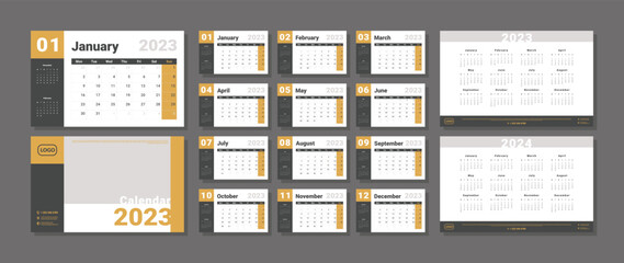 Set of 2023-2024 Calendar Planner Template, and cover with Place for Photo, Company Logo. Vector layout of a wall or desk simple calendar with week start monday in yellow and grey color for print