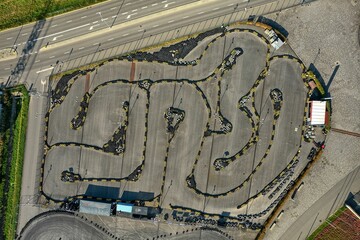 go-kart racing track in Gdańsk next to the amber sports stadium. Top view from the drone.