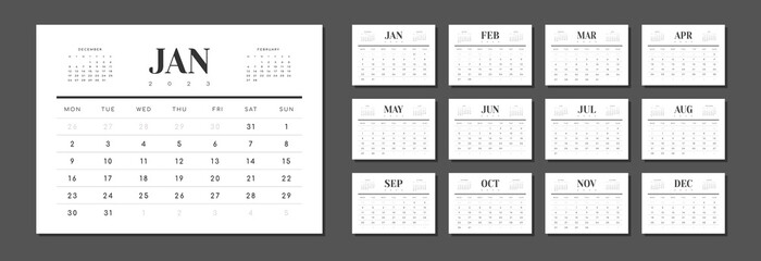 Calendar Layout design for 2023 in minimal business style. Vector template of a wall or table simple calendar with week start monday in grey color for print. Set of 12 calendar pages.