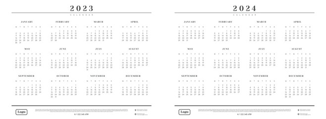 2023 - 2024 Calendar Template with Place for Company contacts and Logo. Vector layout of a wall or desk simple calendar with week start monday.