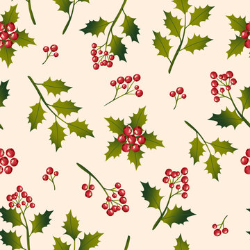 Holly branches with berries and leaves on a pink background form a seamless Christmas holiday pattern. Vector.