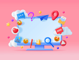 3D Social Media Concept Isolated. Render Computer with Colorful Social Network Icon. Chat Bubble, Like Button, Exclamation Question Mark, Notification Bell. Online Communication. Vector Illustration