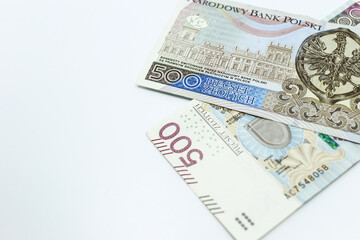 500 zloty - Polish banknote. Polish currency on a white background arranged in a pattern. Illustrates cash flow and business	