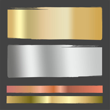 Grunge rectangular figures in gold, silver, bronze and copper metallic colors. Figures with ragged edges. Grunge brush. Design elements. A set of dies.