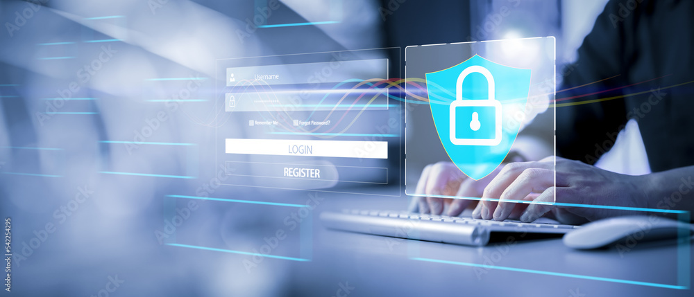 Poster user typing login and password, cyber security concept, data protection and secured internet access,