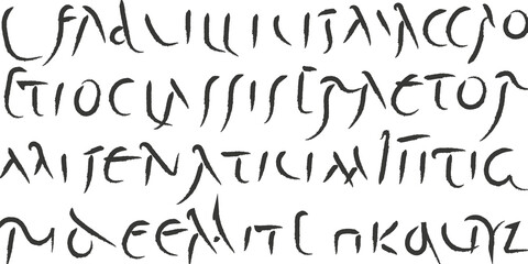 Roman font. Handwriting elements of the 3rd century. An old handwritten manuscript. Unreadable text.