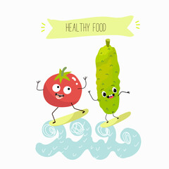 Vector illustration of funny cartoon character cucumber and tomato surf, healthy food, ingredients, kids t-shirt design.