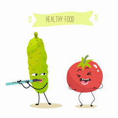 Vector illustration of funny tomato and cucumber cartoon character, playing flute, healthy food, ingredients, kids t-shirt design.