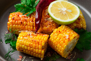 grilled corn with spices, top view, no people, homemade,