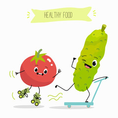 Vector illustration of funny cartoon character tomato and cucumber ride scooter, rollerblading, healthy food, kitchen, ingredients, kids t-shirt design.