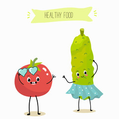 Vector illustration of funny cartoon character tomato and cucumber have fun, cucumber girl in skirt, healthy food, kitchen, ingredients, kids t-shirt design.