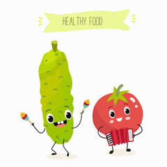 Vector illustration of funny cartoon character tomato and cucumber playing musical instruments, healthy food, kitchen, ingredients, kids t-shirt design.
