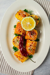 grilled corn with spices, top view, no people, homemade,
