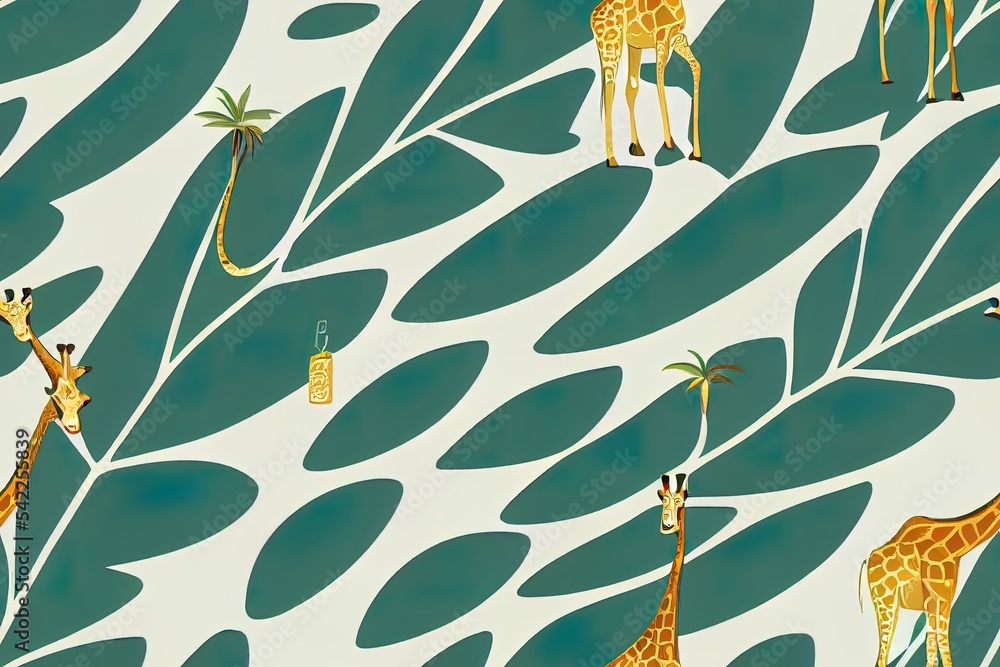 Sticker Giraffe animl with tropical palm leaves. Cartoon exotic seamless illustration repeating pattern on white background. Floral wallpaper.