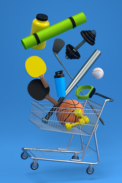 Sport equipment for fitness, gym, crossfit in shopping cart on blue