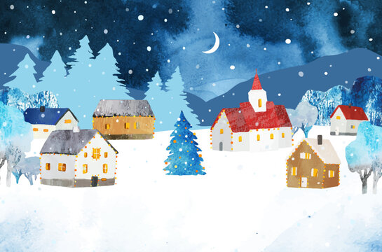Watercolor Christmas vector illustration. Winter rural landscape with cozy houses, Christmas tree, church under night sky with moon and snow. Postcard, banner, poster
