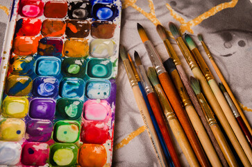 Paints and brushes for painting. Children's creativity, art