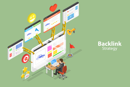 3D Isometric Flat Vector Conceptual Illustration of Backlink Strategy, Online Link Building