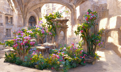 Surreal painting of a courtyard flower garden.
