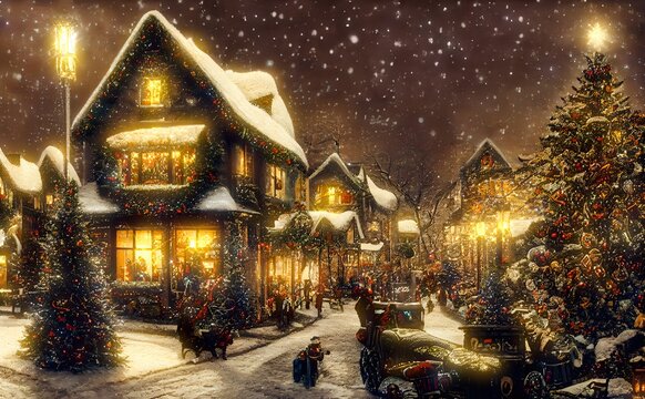 Winter snowy small cozy street with lights in houses, falling snow town night landscape. Winter holidays night time backdrop. Merry Christmas vintage retro painting background.