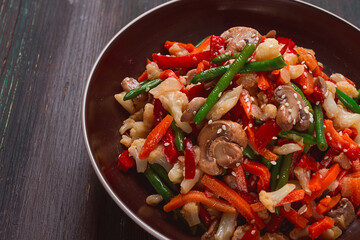 Wok, Asian-style vegetables, street food, mixed vegetables, no people, top view,