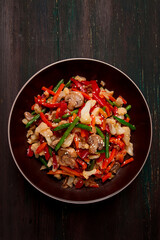 Wok, Asian-style vegetables, street food, mixed vegetables, no people, top view,