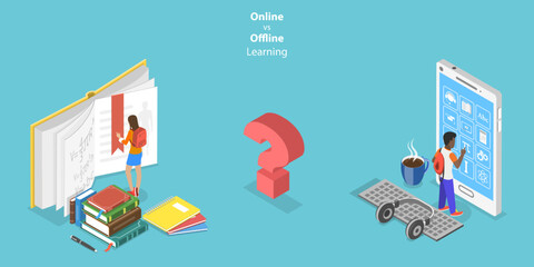 3D Isometric Flat Vector Conceptual Illustration of Online Learning Vs Offline Learning, Education Model Choosing