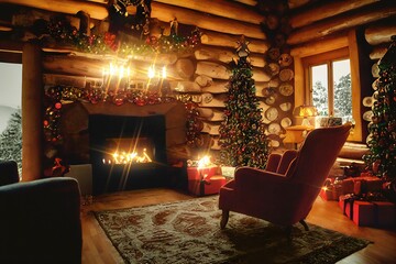 Obraz premium Classic log cabin interior with christmas tree, fireplace, lounge armchair, woden roof and walls, wood floor. Digital painting illustration mock up. Xmas cosy scene. Atmospheric warm interior