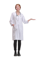 Full length of young smiling medical doctor woman with stethoscope