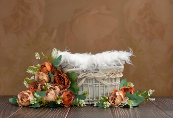 Newborn digital backdrop with handmade flowers and basket. Newborn background. Front view and smooth oil paint effect.