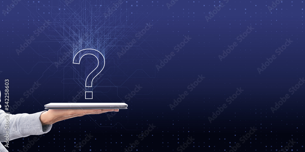 Poster close up of businessman hand holding smartphone with abstract digital question mark on blue backgrou