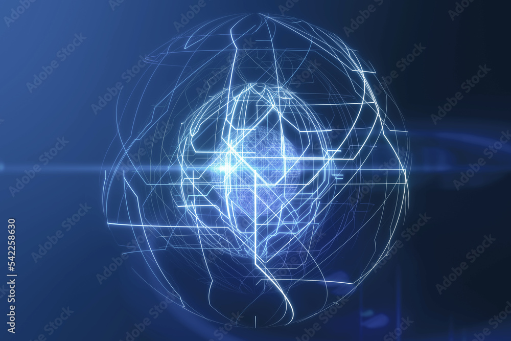 Aufkleber glowing blue linear sphere on blurry background. geometric cyberspace, network and future concept. 3