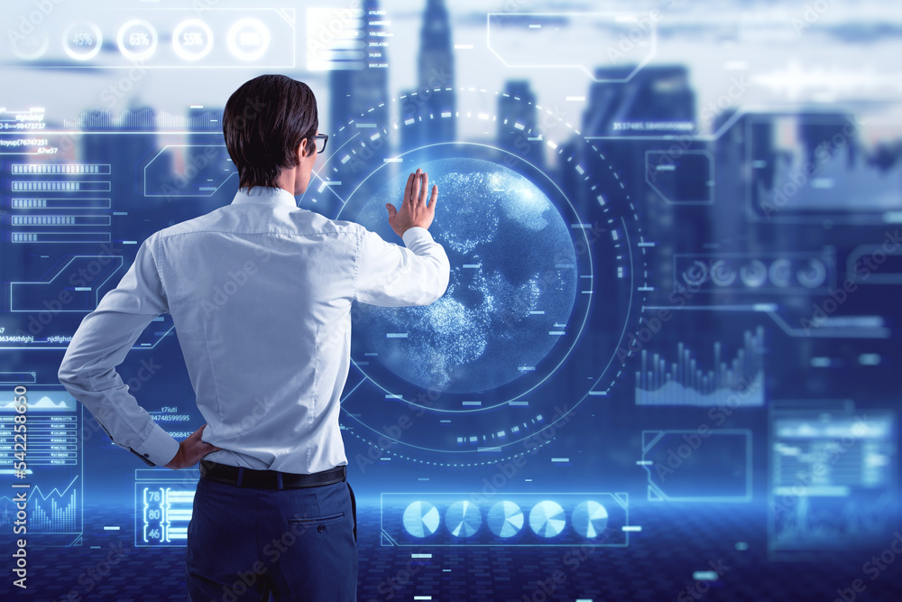 Poster back view of young european businessman using abstract glowing digital business interface with globe