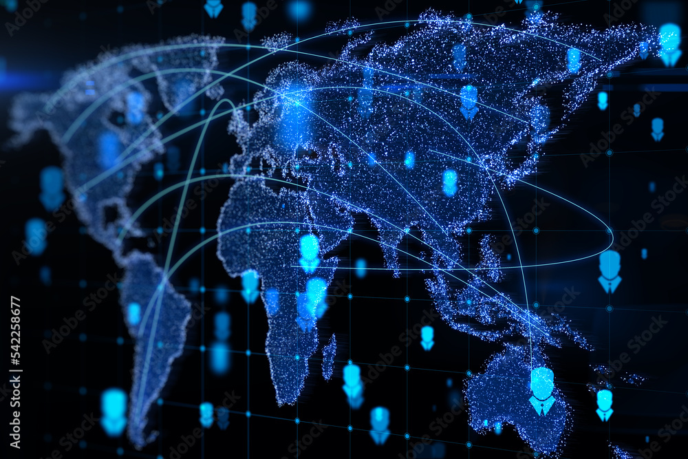 Aufkleber abstract glowing map hologram on dark background. digital world, transformation and future cyber spa