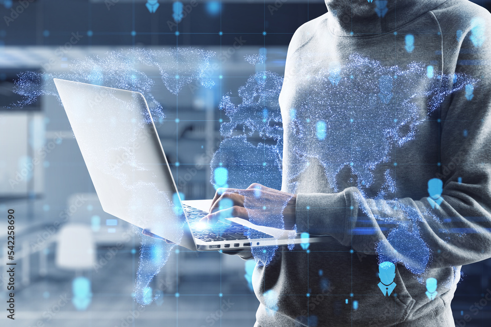 Aufkleber Close up of hacker hands using laptop with abstract glowing map hologram on blurry background. Digital world, data, theft, phishing, transformation and future cyber space concept. Double exposure.